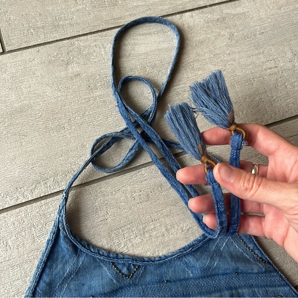 ZARA BEADED HALTER NECK LINEN BLEND DRESS SMALL INDIGO BOHEMIAN TEXTURED SUMMER - Picture 6 of 16